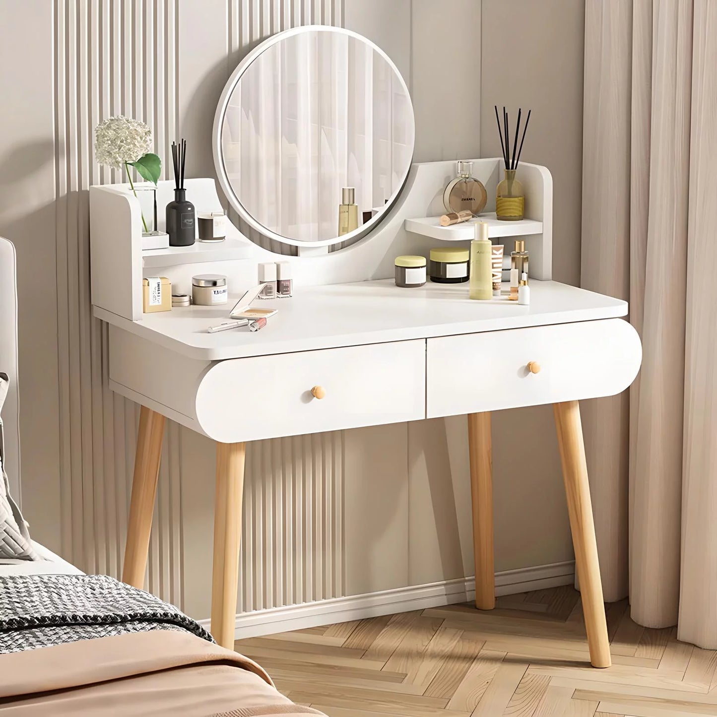 Vanity Table Set with Mirror, Modern Makeup Vanity Dressing Desk with 2 Drawers & 2 Shelves ,White (Without Stool)